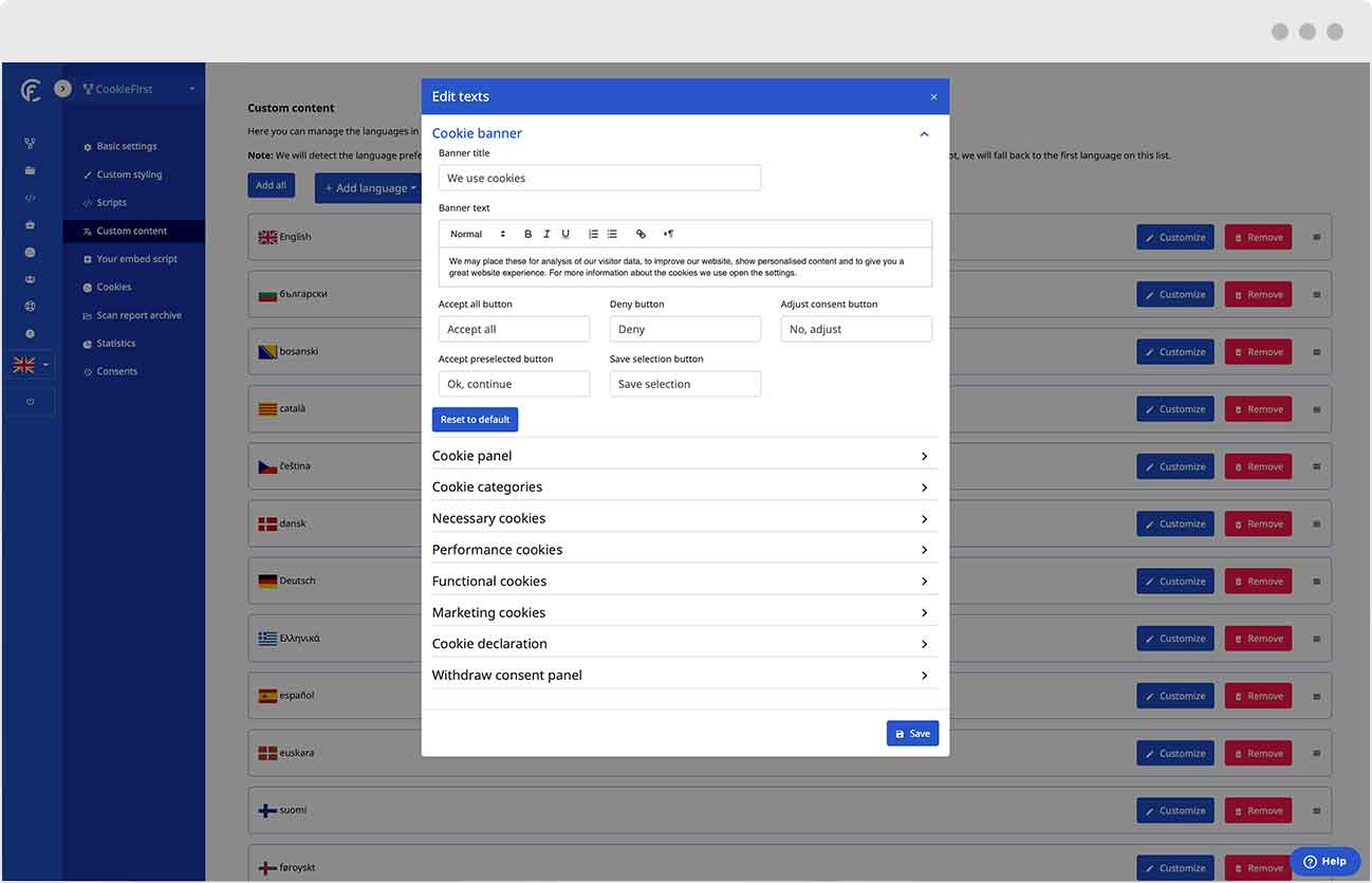 Our consent management platform offers multiple languages for your cookie consent banner and panel